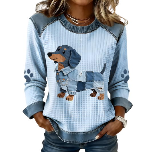 Maglia Waffle Premium con Bassotto Patchwork in Denim