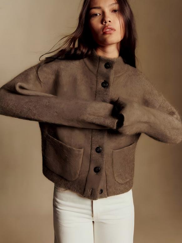 Chaqueta de Mohair con Cuello Teddy - Taupe Oscuro - vittoria stile