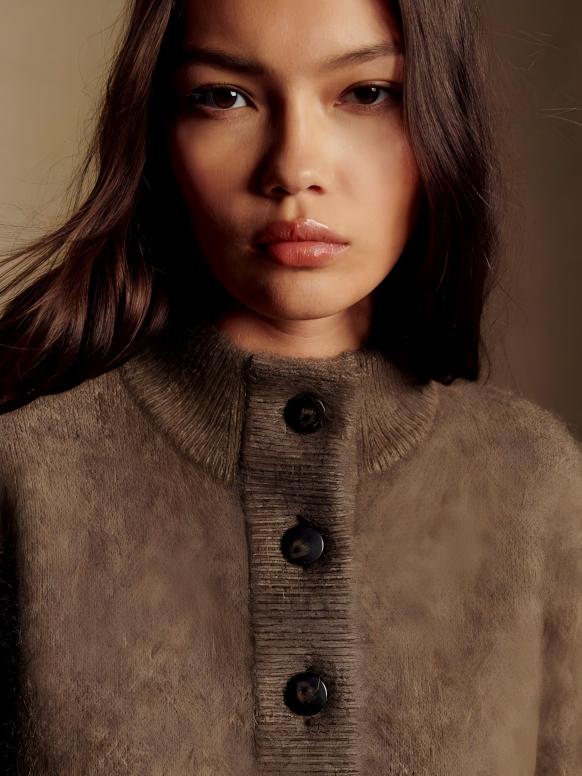 Chaqueta de Mohair con Cuello Teddy - Taupe Oscuro - vittoria stile