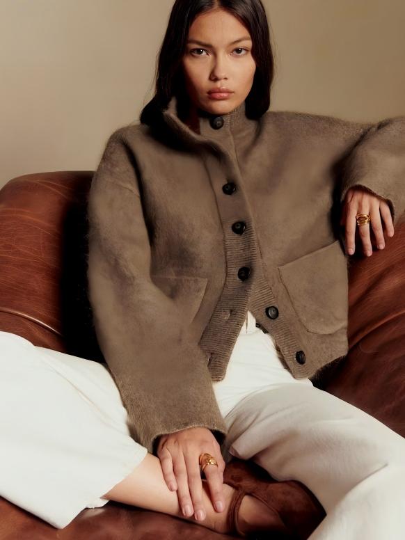 Chaqueta de Mohair con Cuello Teddy - Taupe Oscuro - vittoria stile