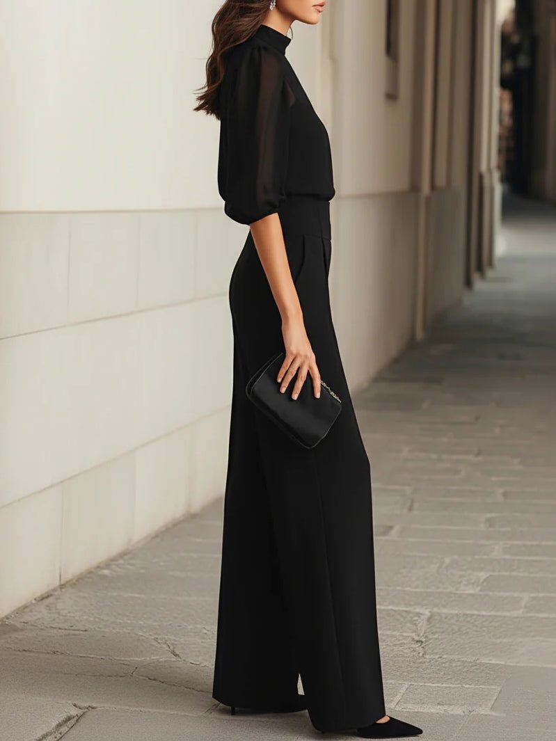 Conjunto de tres piezas en negro: top de tirantes translúcido y pantalones de pierna ancha - vittoria stile
