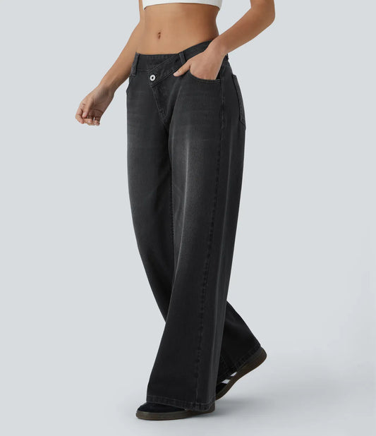Halara Flex™ Jeans Baggy Donna a Vita Bassa con Bottone e Cerniera, Multitasche e Gamba Larga