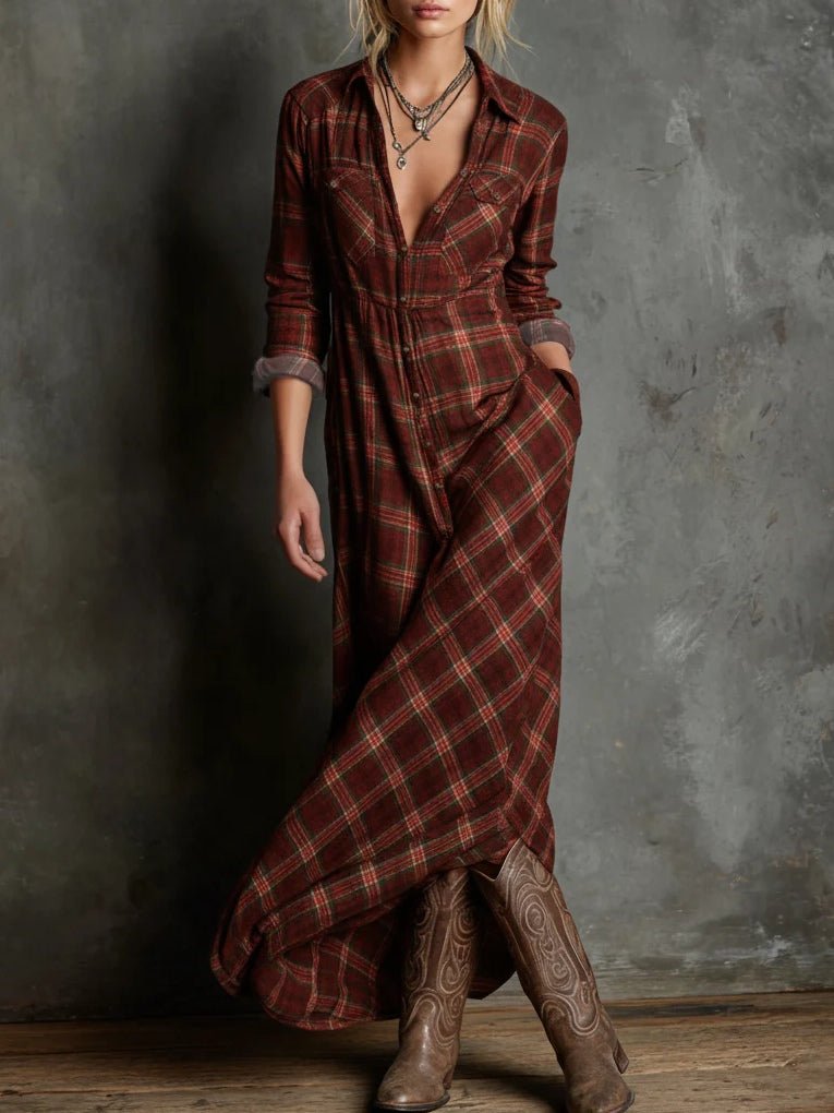 Vestido camisero largo verde a cuadros con solapas y una sola fila de botones - vittoria stile