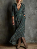 Vestido camisero largo verde a cuadros con solapas y una sola fila de botones - vittoria stile