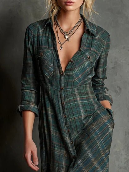 Vestido camisero largo verde a cuadros con solapas y una sola fila de botones - vittoria stile