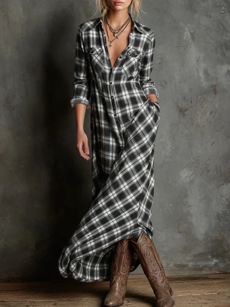 Vestido camisero largo verde a cuadros con solapas y una sola fila de botones - vittoria stile