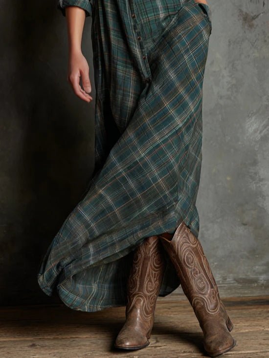 Vestido camisero largo verde a cuadros con solapas y una sola fila de botones - vittoria stile