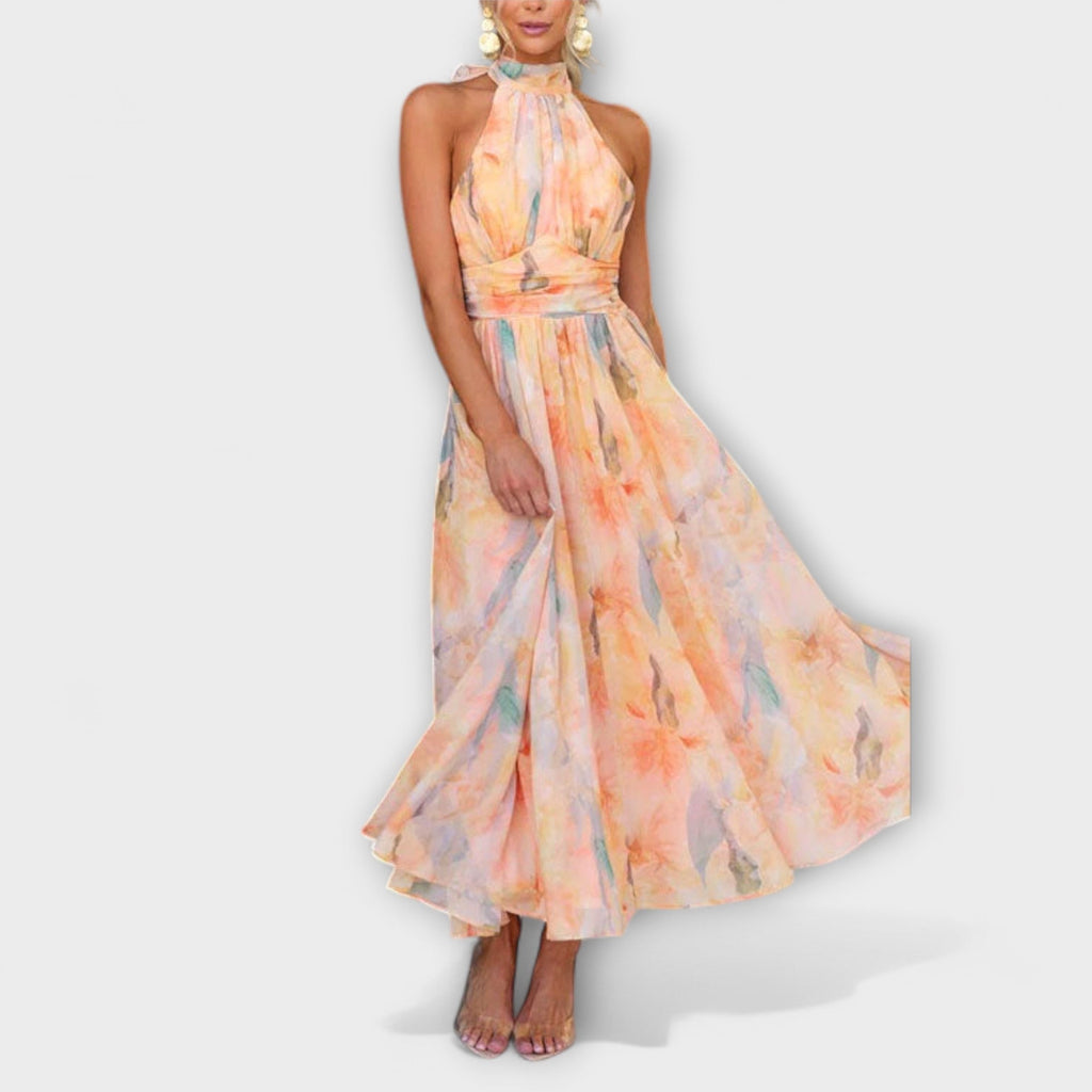 Vestido maxi con escote halter y estampado en acuarela - vittoria stile
