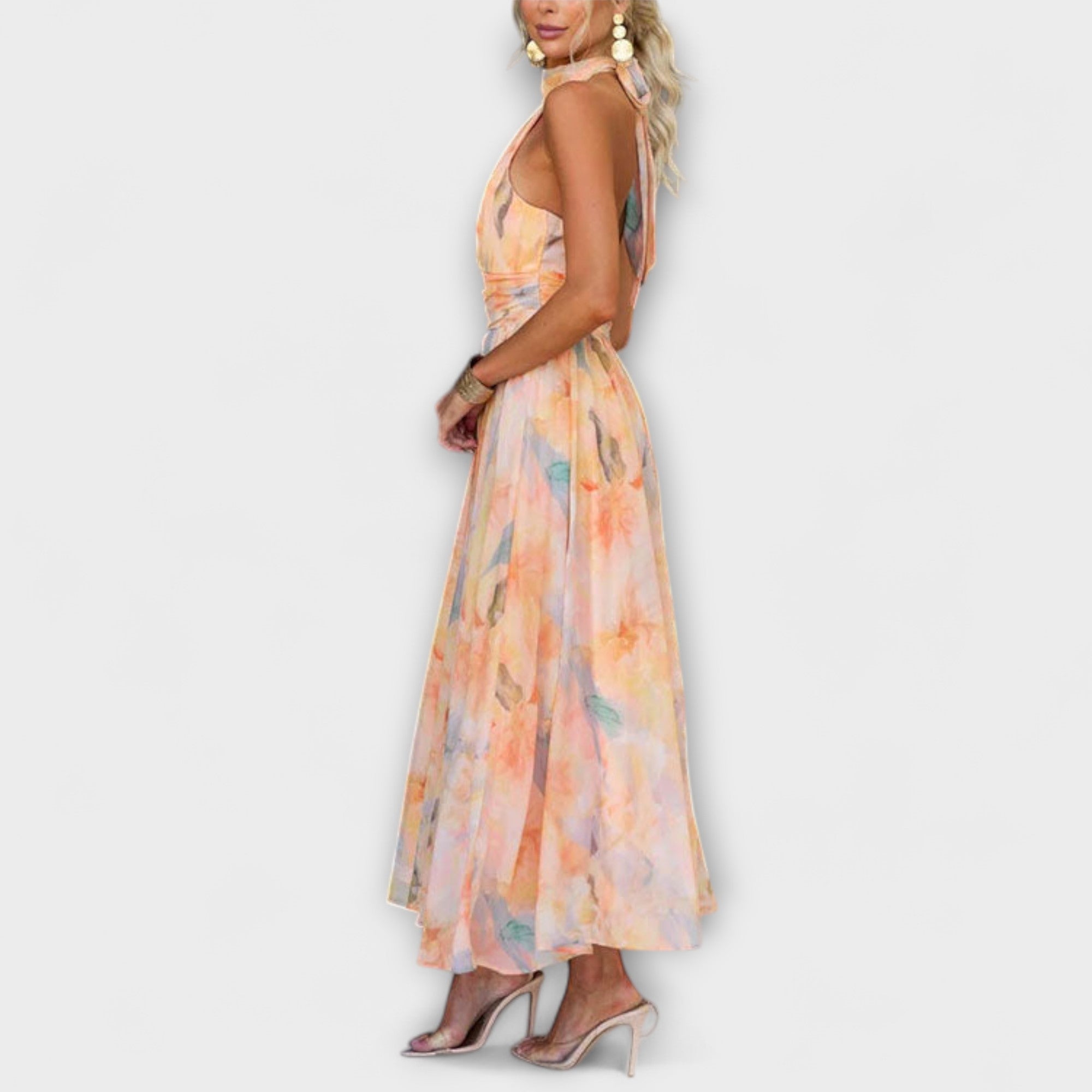 Vestido maxi con escote halter y estampado en acuarela - vittoria stile