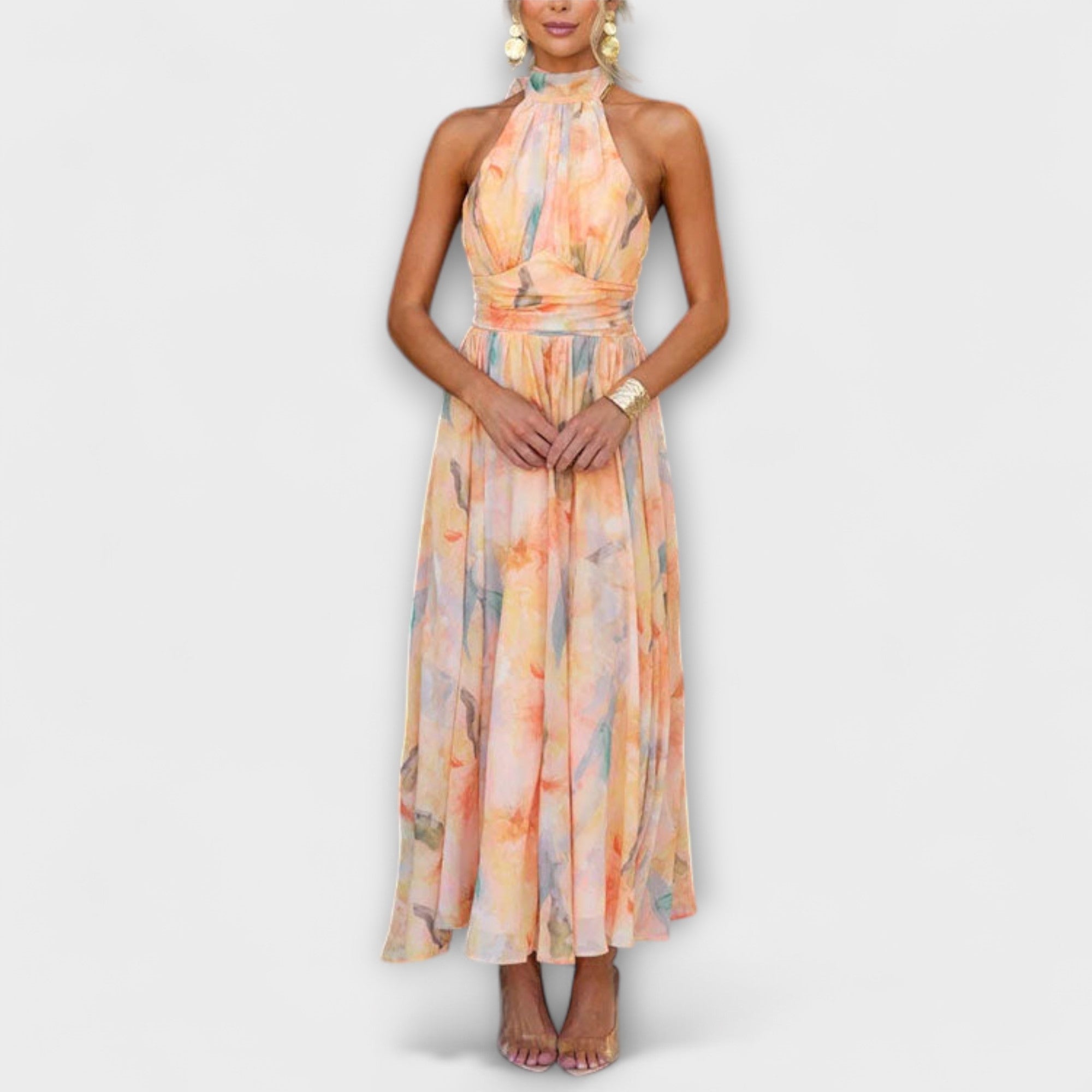 Vestido maxi con escote halter y estampado en acuarela - vittoria stile