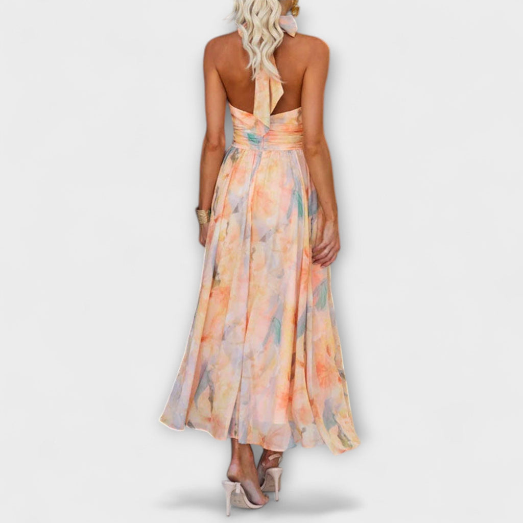 Vestido maxi con escote halter y estampado en acuarela - vittoria stile