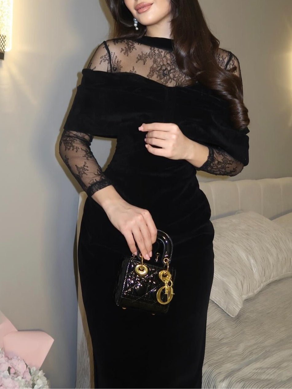 Vestido maxi entallado de terciopelo negro con ribete de encaje - vittoria stile