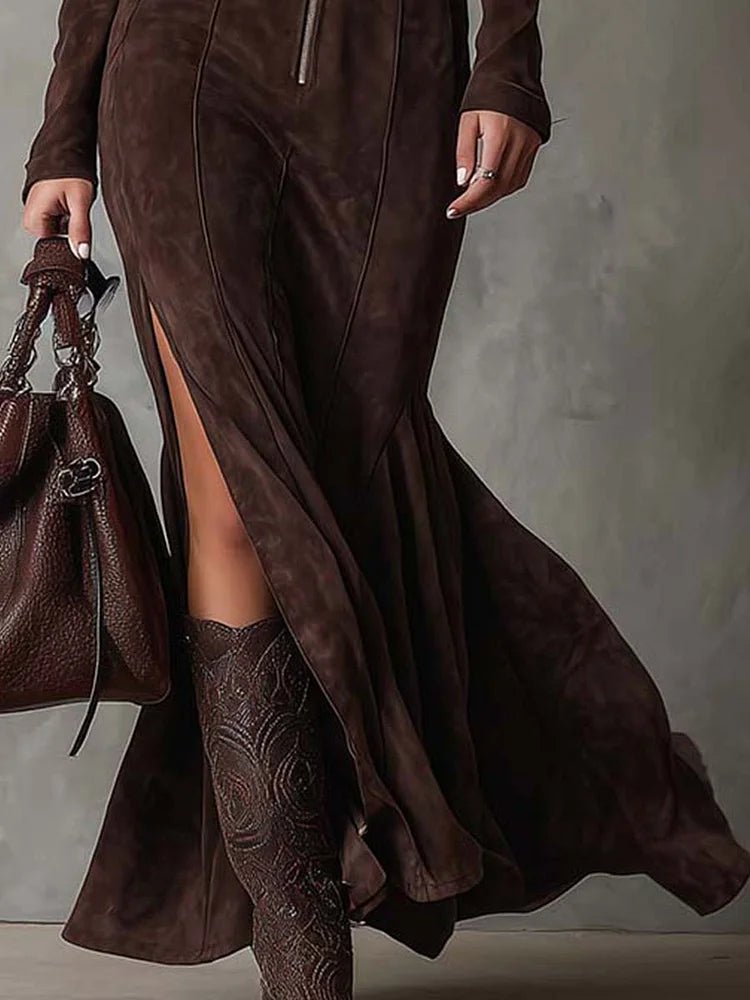 Vestido maxi vintage marrón con cremallera y cinturón (incluye cinturón) - vittoria stile
