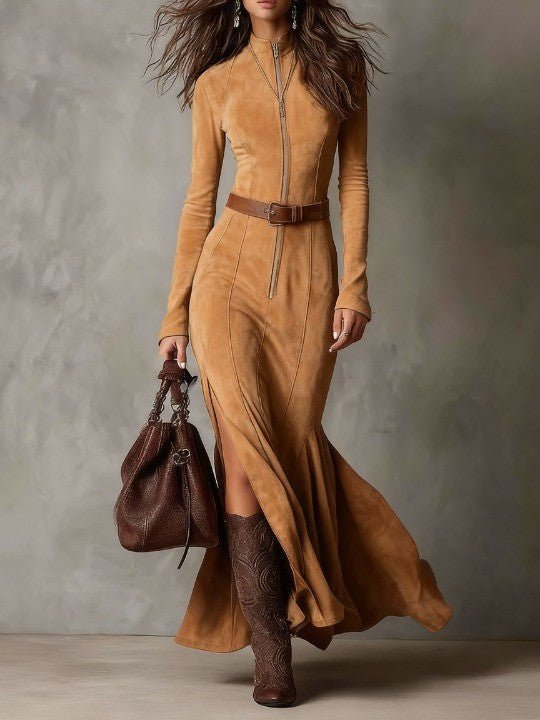Vestido maxi vintage marrón con cremallera y cinturón (incluye cinturón) - vittoria stile