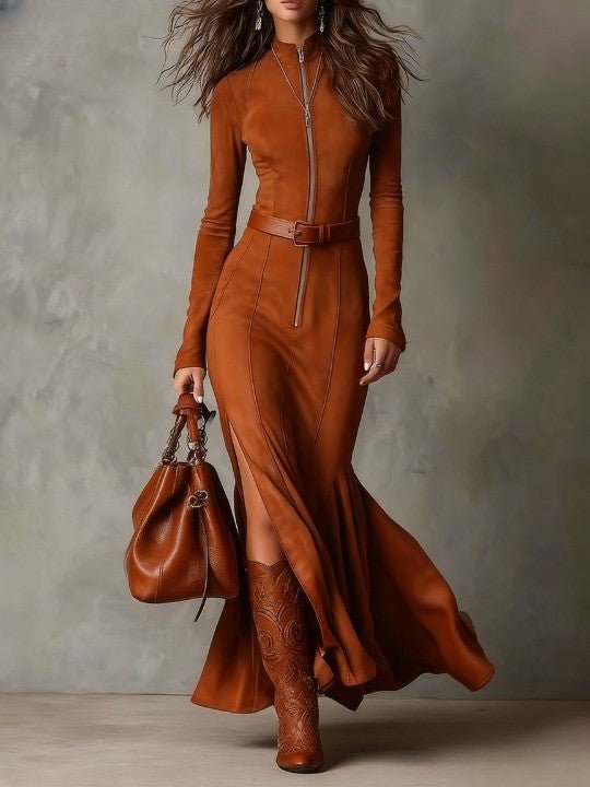 Vestido maxi vintage marrón con cremallera y cinturón (incluye cinturón) - vittoria stile