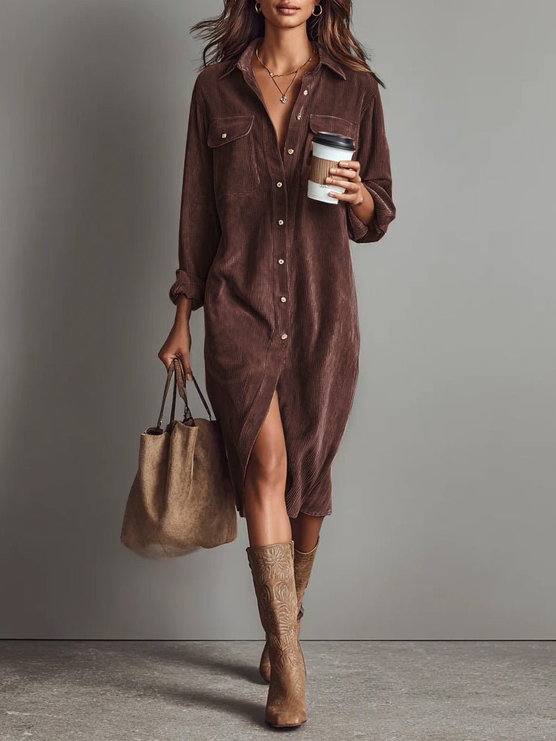 Vestido midi de pana holgado con dos bolsillos en el pecho y botonadura simple - vittoria stile