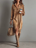Vestido midi de pana holgado con dos bolsillos en el pecho y botonadura simple - vittoria stile