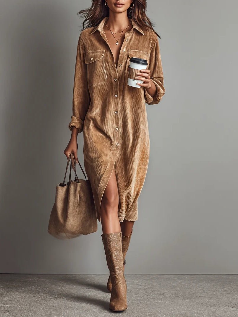 Vestido midi de pana holgado con dos bolsillos en el pecho y botonadura simple - vittoria stile