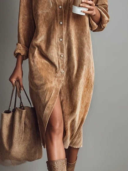 Vestido midi de pana holgado con dos bolsillos en el pecho y botonadura simple - vittoria stile