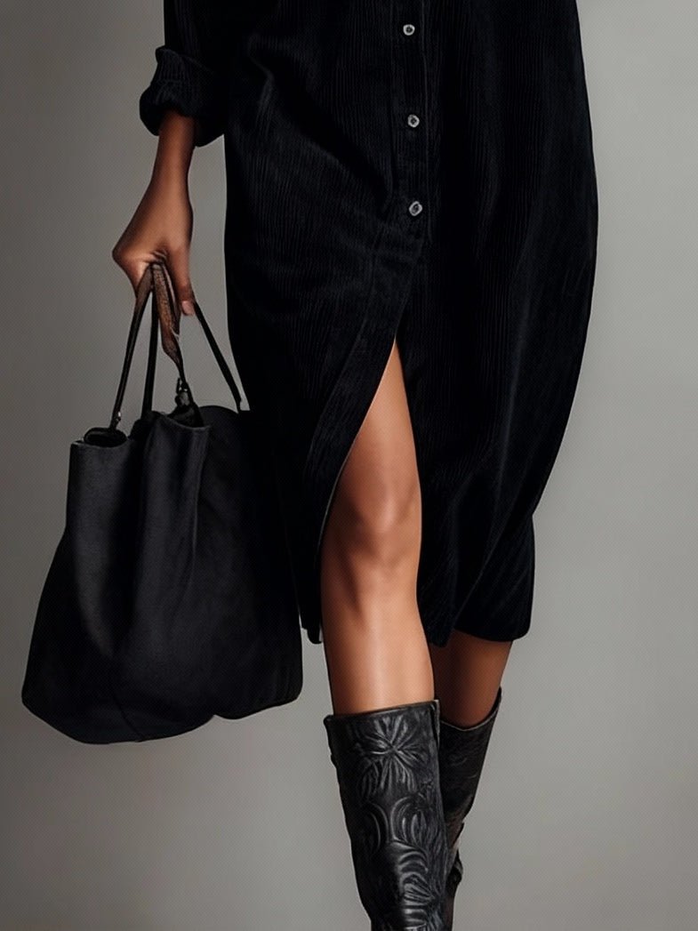 Vestido midi de pana holgado con dos bolsillos en el pecho y botonadura simple - vittoria stile