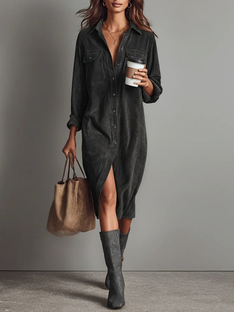 Vestido midi de pana holgado con dos bolsillos en el pecho y botonadura simple - vittoria stile