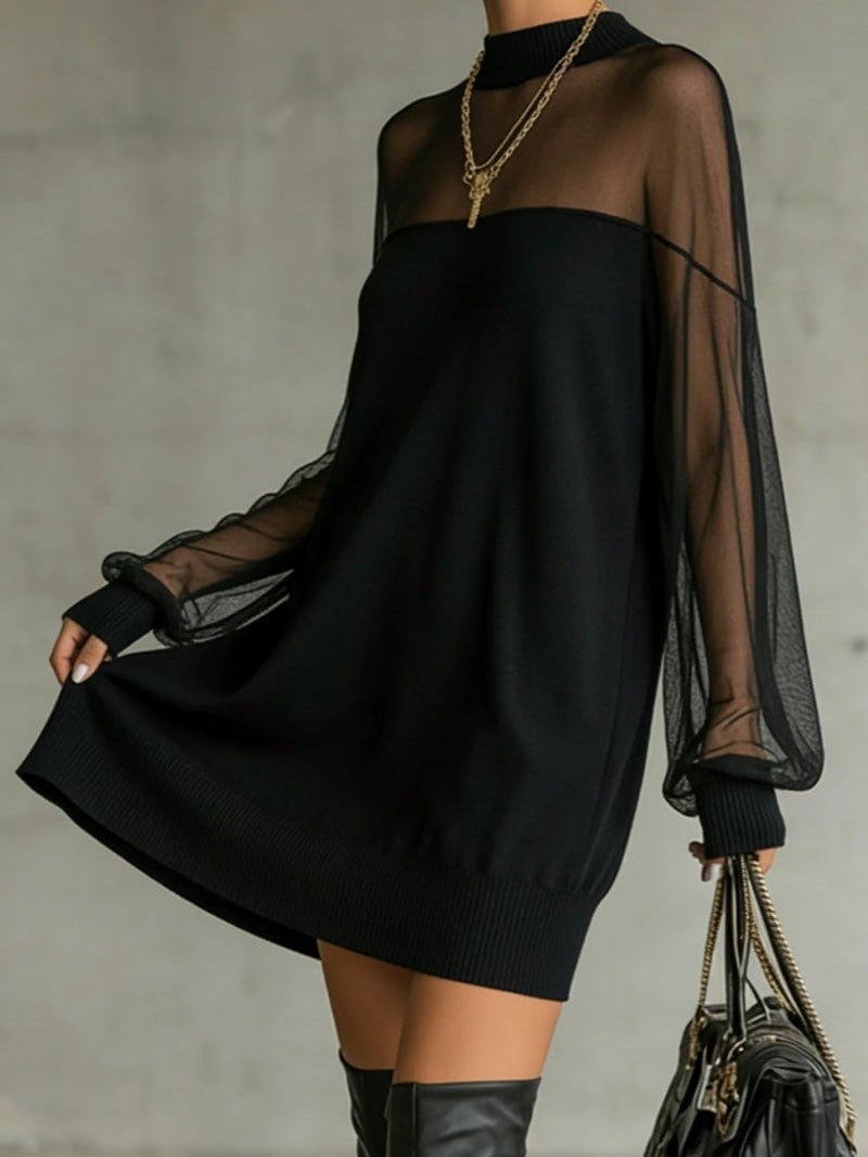 Vestido Mini de Punto con Paneles de Tul Transparente - vittoria stile